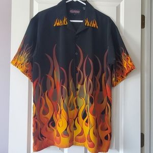 Sapphire Lounge Button Down Shirt Black w/ Flames Size L